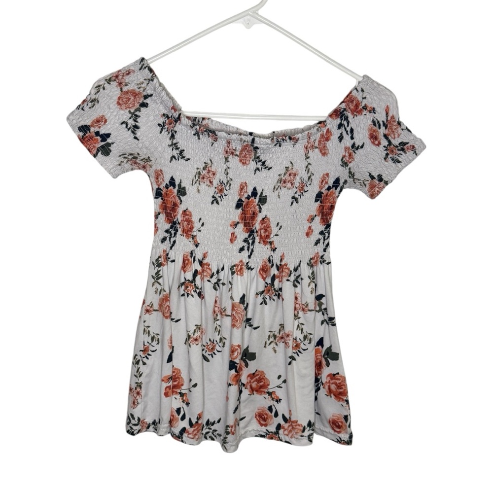 Floral Boho Smocked off Shoulder White & Peach Floral BabyDoll Top Size M